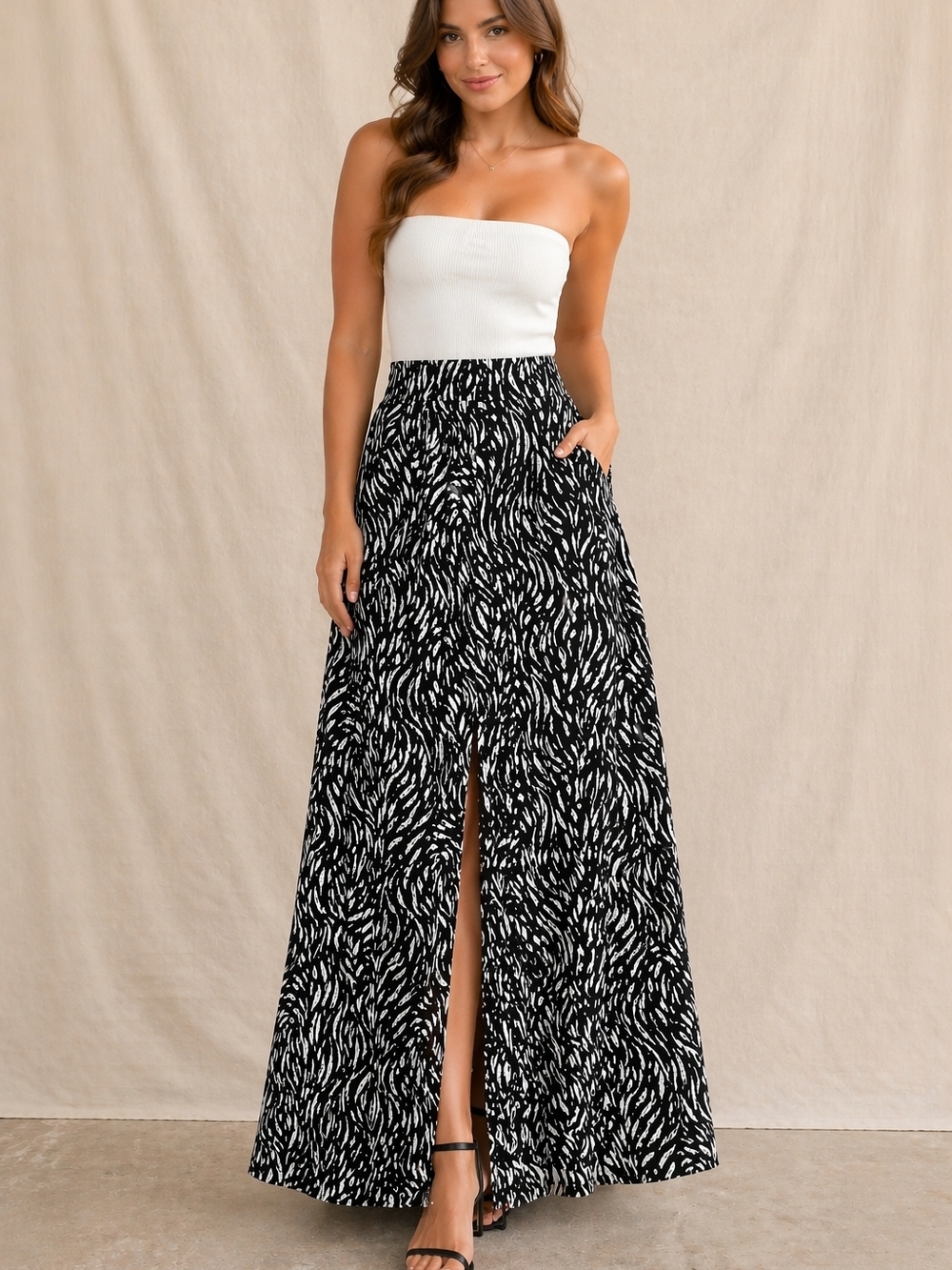 Nine West Black & White Printed Maxi Skirt with Front Slit